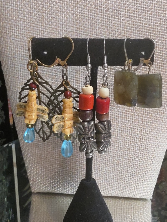 Hand Crafted Jewelry - Artisan 3 Sets 1 Bone Dragonfly 1 Bone Glass 1 Labradorite Pierced Earrings